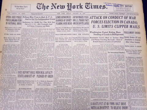 1940 JAN 26 NEW YORK TIMES NEWSPAPER - ATTACK ON CONDUCT OF WAR IN CANADA- NT 38