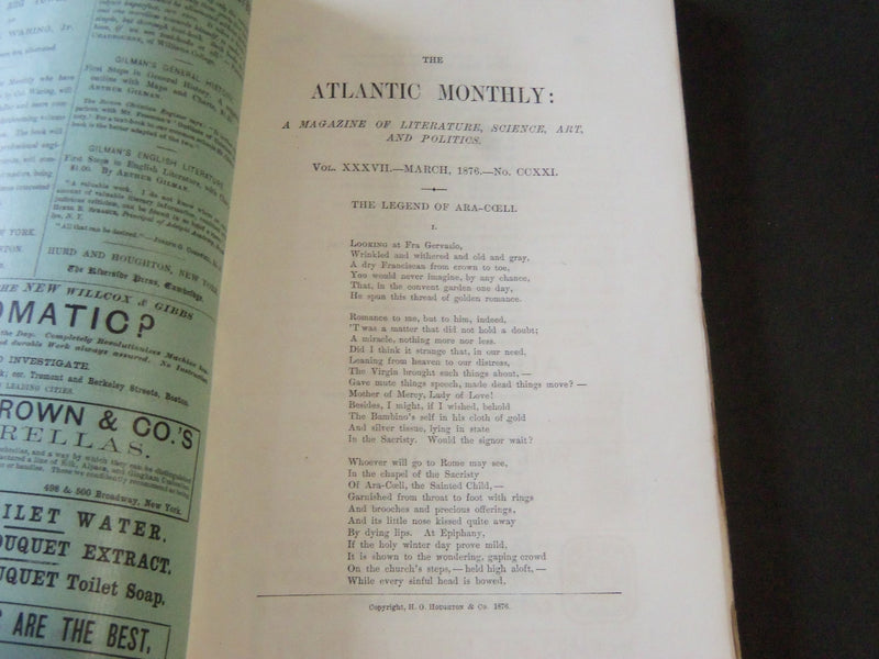 1876 THE ATLANTIC MONTHLY MAGAZINE LOT OF 9 - O. W. HOLMES - JEWETT - WR 308