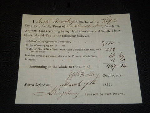 1815 TAX BILL - JOSEPH HUMPHREY COLLECTOR - J 5373