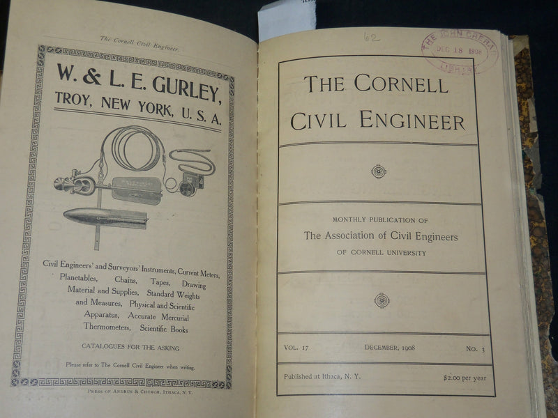 1908-1909 CORNELL CIVIL ENGINEER MAGAZINE BOUND VOLUME - KD 2756T