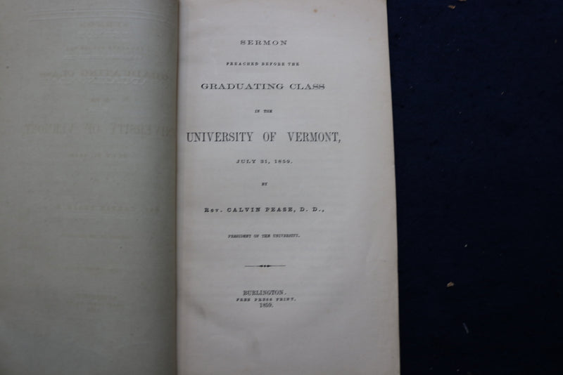 1859 UNIVERSITY OF VERMONT GRADUATING CLASS SERMON SOFTCOVER BOOK - K 845
