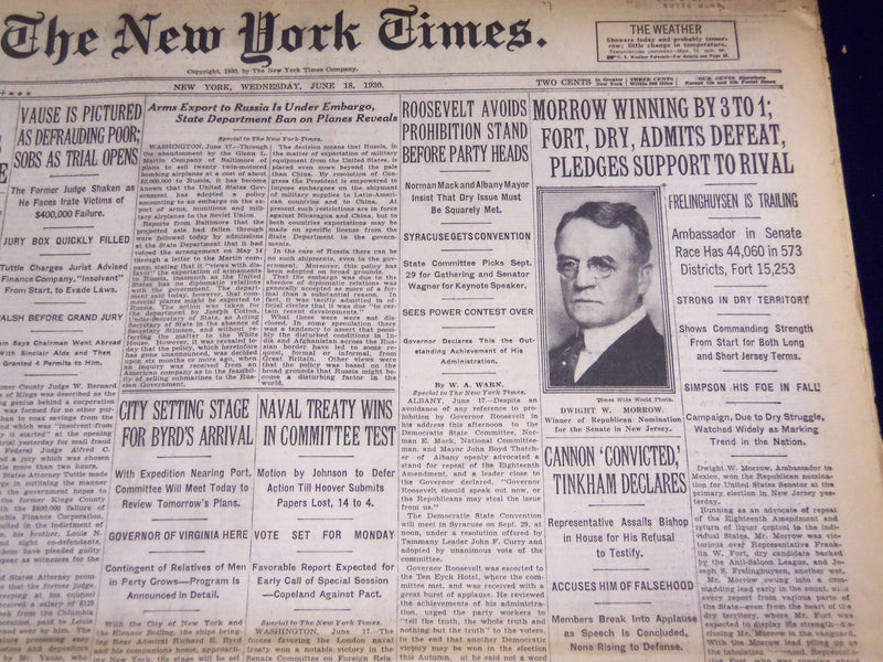 1930 JUNE 18 NEW YORK TIMES - MORROW WINNING BY 3 TO 1 OVER FORT - NT 1659