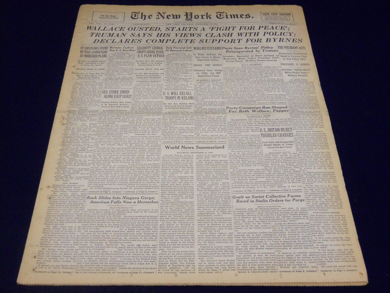 1946 SEPT 21 NEW YORK TIMES - WALLACE OUSTED, STARTS A FIGHT FOR PEACE - NT 875