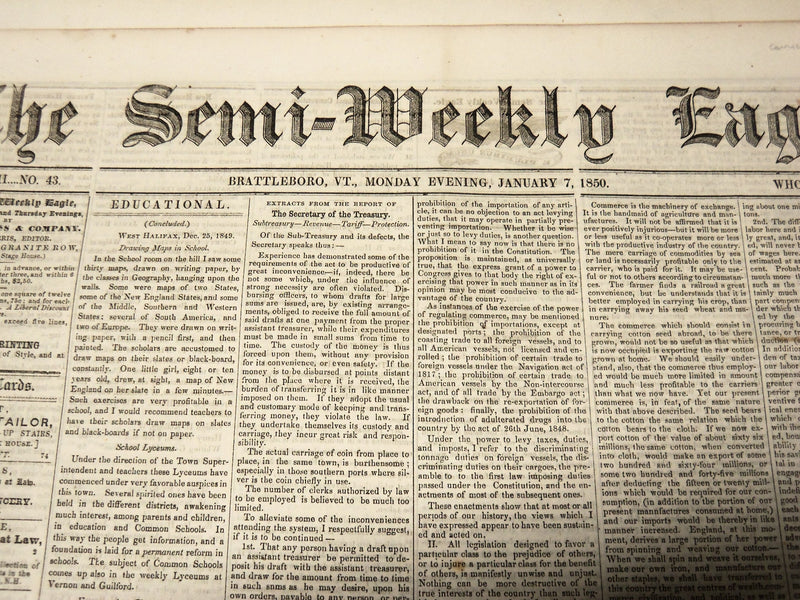 1849-1850 THE SEMI-WEEKLY EAGLE NEWSPAPERS LOT OF 19 - BRATTLEBORO VT- NP 3878D