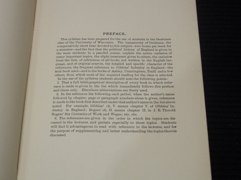 1900 ECONOMIC HISTORY OF ENGLAND BULLETIN- SYLLABUS LECTURES - WISCONSIN- K 2126