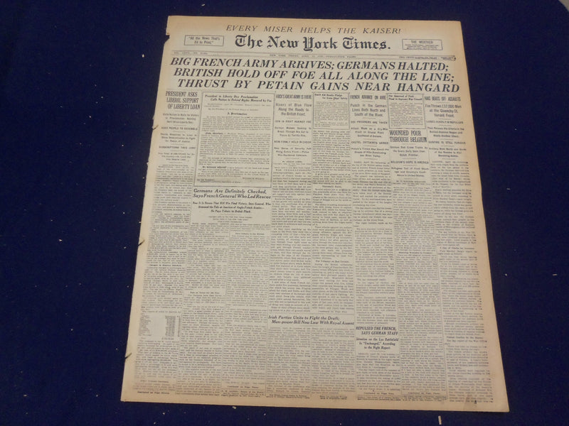 1918 APRIL 19 NEW YORK TIMES - FRENCH ARMY ARRIVES, GERMANS HALTED - NT 8223