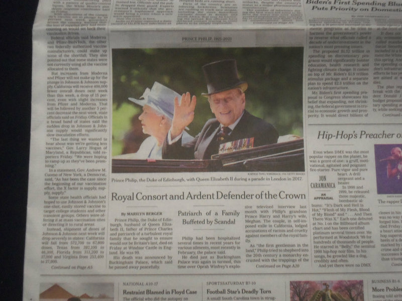 2021 APRIL 10 NEW YORK TIMES - PRINCE PHILIP AT AGE 99 AND DMX AT AGE 50, DIED