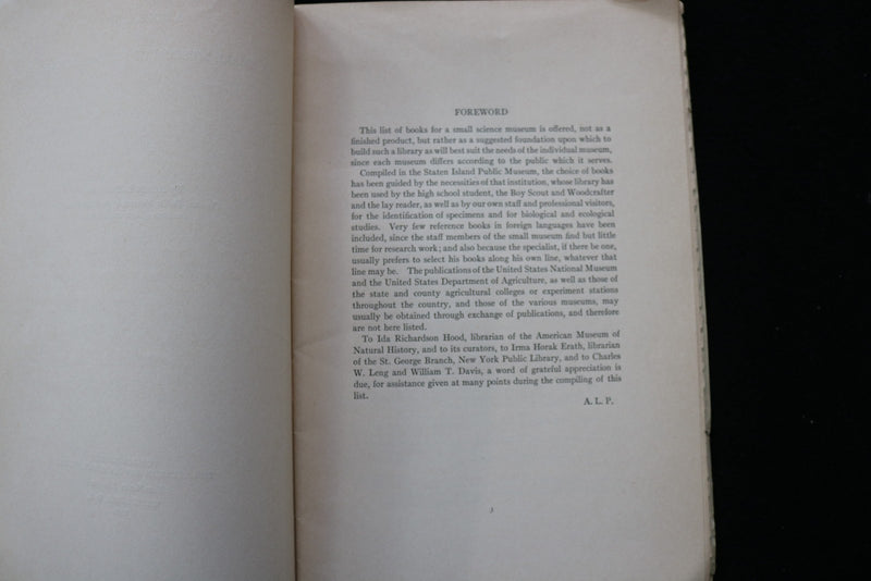 1928 A BOOK LIST FOR A SMALL MUSEUM OF NATURAL SCIENCE BY AGNES POLLARD- K 3515