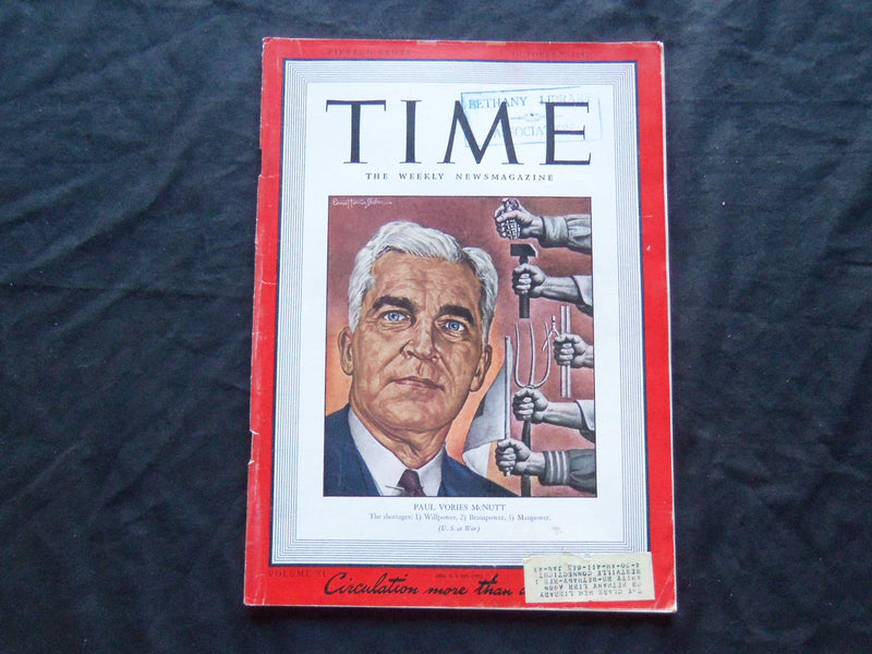 1942 OCTOBER 5 TIME MAGAZINE - PAUL VORIES MCNUTT - T 834