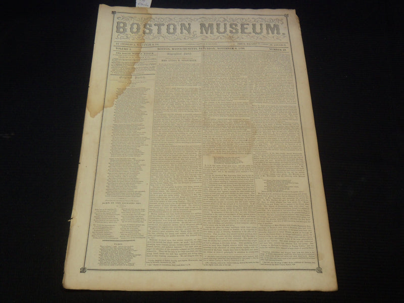 1850 NOV 9 BOSTON MUSEUM NEWSPAPER - PINE TREE SHILLING - HAWTHORNE - NP 9046