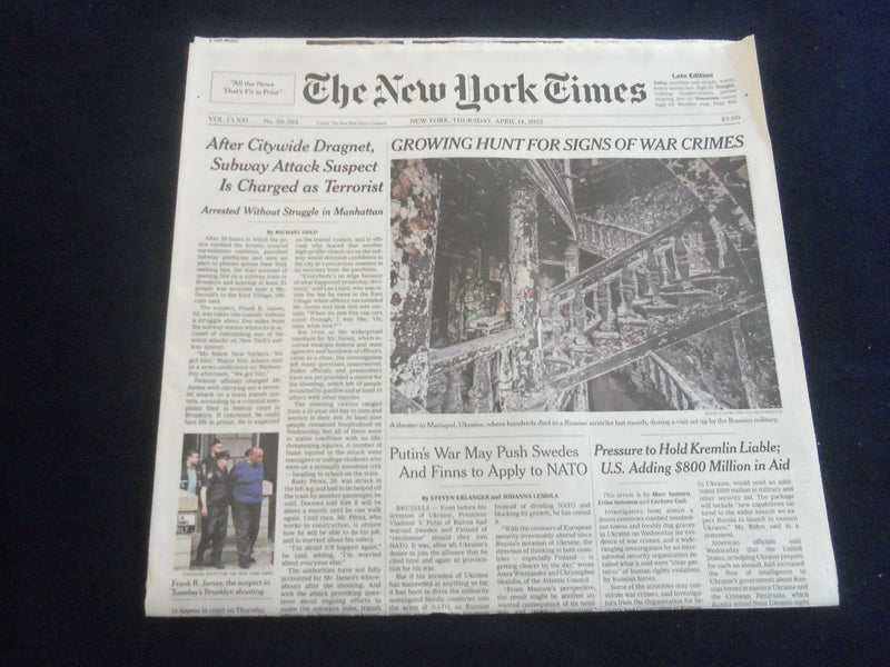 2022 APRIL 14 NEW YORK TIMES - GROWING HUNT FOR SIGNS OF WAR CRIMES