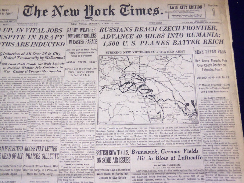 1944 APRIL 9 NEW YORK TIMES - RUSSIANS REACH CZECH FRONTIER - NT 1725
