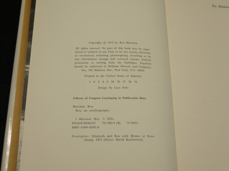 1975 REX AN AUTOBIOGRAPHY HARDCOVER BOOK INSCRIBED BY REX HARRISON - D 453