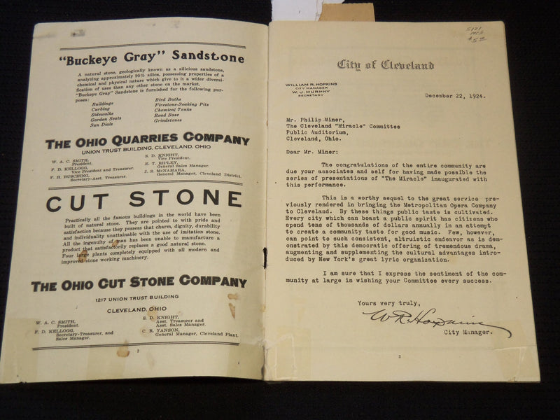 1924 THE MIRACLE STAGE PROGRAM - MAX REINHARDT - CLEVELAND - J 8010