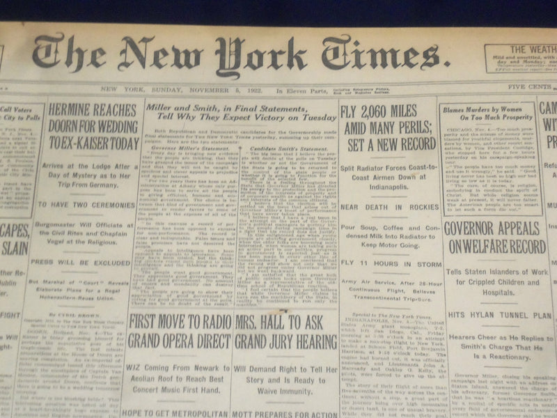 1922 NOVEMBER 5 NEW YORK TIMES - FLY 2,600 MILES SET A NEW RECORD - NT 8418