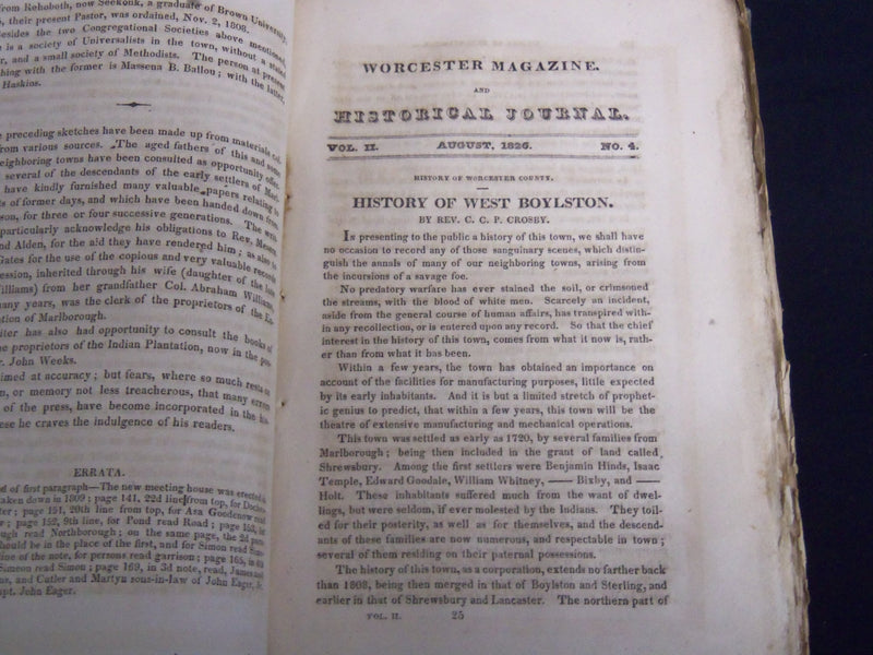 1826 MAY-OCT THE WORCESTER MAGAZINE & HISTORICAL JOURNAL VOLUME 2 - KD 5523G