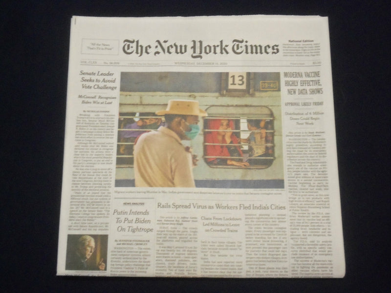 2020 DECEMBER 16 NEW YORK TIMES - MODERNA VACCINE HIGHLY EFFECTIVE, DATA SHOWS