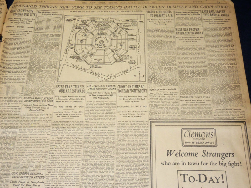 1921 JULY 2 NEW YORK TIMES NEWSPAPER- ALL READY FOR GREAT FISTIC BATTLE- NT 8693