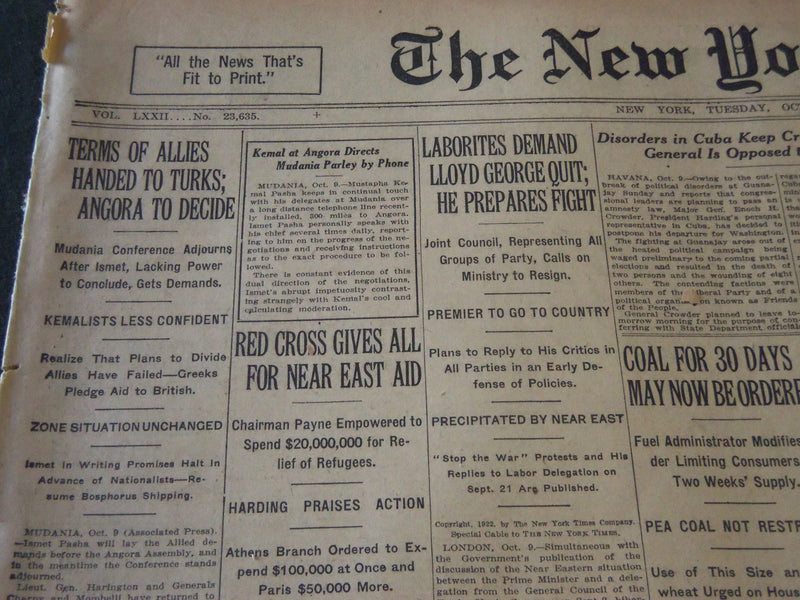 1922 OCTOBER 10 NEW YORK TIMES - TERMS HANDED TO TURKS - ANGORA - NT 5813