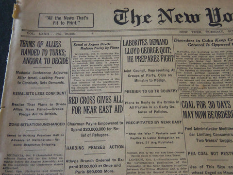 1922 OCTOBER 10 NEW YORK TIMES - TERMS HANDED TO TURKS - ANGORA - NT 5813