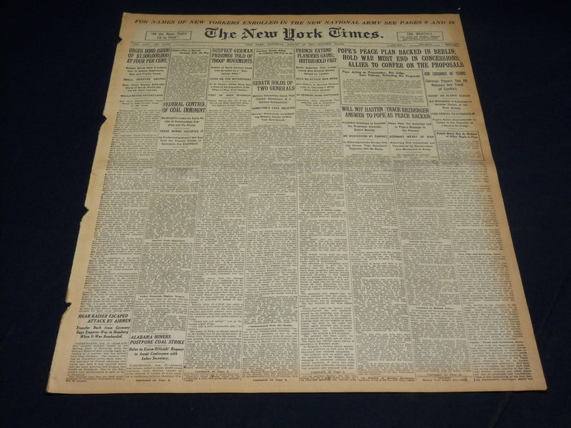 1917 AUGUST 18 NEW YORK TIMES - POPE'S PEACE PLAN BACKED IN BERLIN - NT 8528