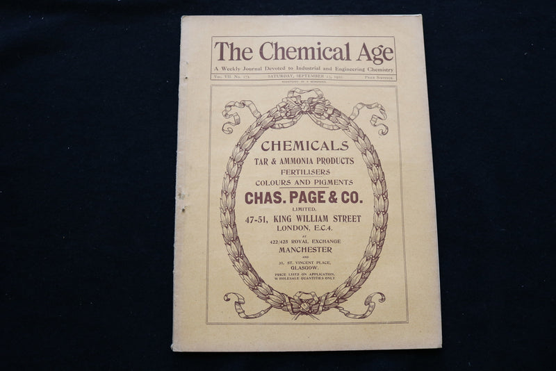 1922 SEPTEMBER 23 THE CHEMICAL AGE MAGAZINE - CHAS. PAGE & CO. COVER - SP 4924M
