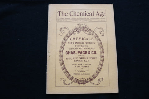 1922 SEPTEMBER 23 THE CHEMICAL AGE MAGAZINE - CHAS. PAGE & CO. COVER - SP 4924M
