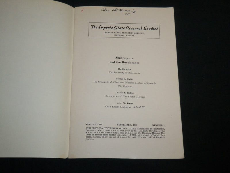 1964 SEPTEMBER SHAKESPEARE AND THE RENAISSANCE BOOK - EMPORIA STATE - J 6816