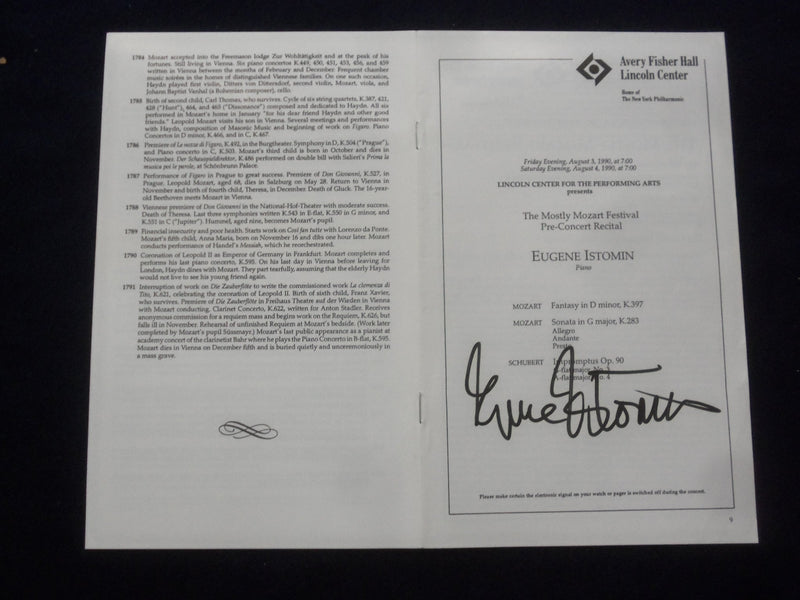 1990 AUGUST 3-4 EUGENE ISTOMIN SIGNED PROGRAM - AVERY FISHER HALL