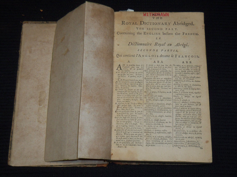 1794 BOYER'S ROYAL DICTIONARY ABRIDGED BY J. C. PRIEUR - VOLUME 1 & 2 - KD 703T