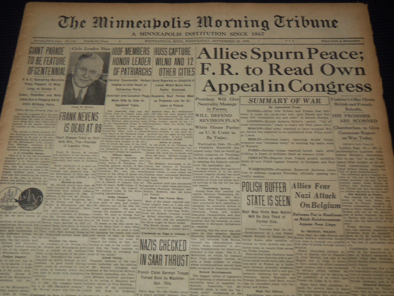 1939 SEPT 20 MINNEAPOLIS MORNING TRIBUNE NEWSPAPER - ALLIES SPURN PEACE- NT 9536