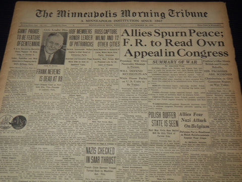 1939 SEPT 20 MINNEAPOLIS MORNING TRIBUNE NEWSPAPER - ALLIES SPURN PEACE- NT 9536