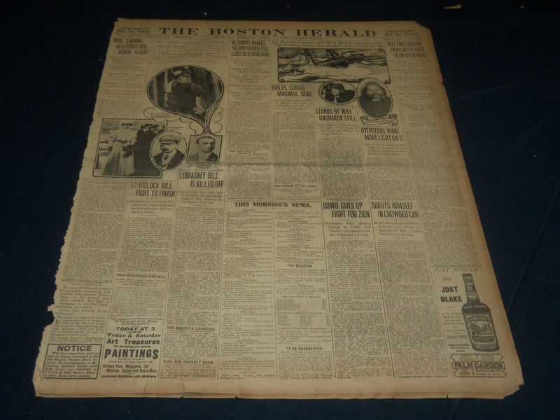1906 APRIL 12 THE BOSTON HERALD NEWSPAPER - BAILEY, CIRCUS MAGNATE DEAD - BH 275