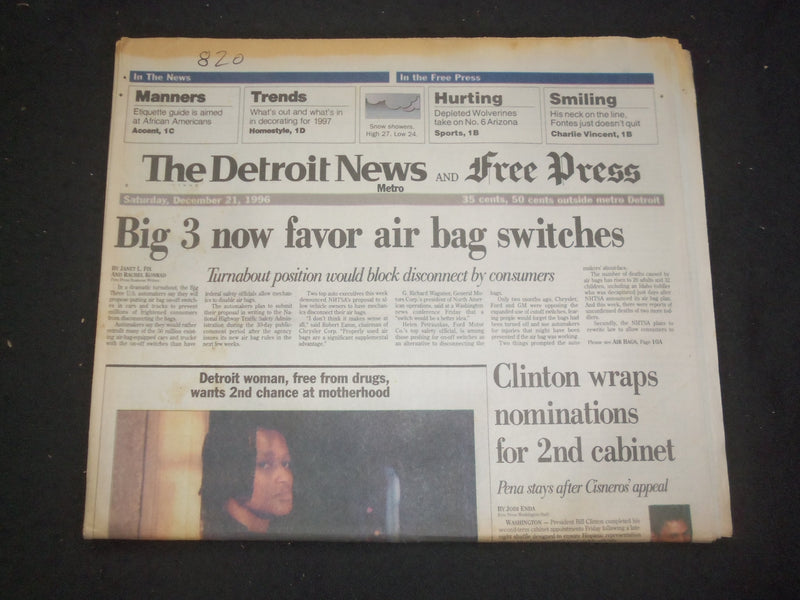 1996 DEC 21 DETROIT NEWS/FREE PRESS NEWSPAPER - BIG 3 AIR BAG SWITCH - NP 7724