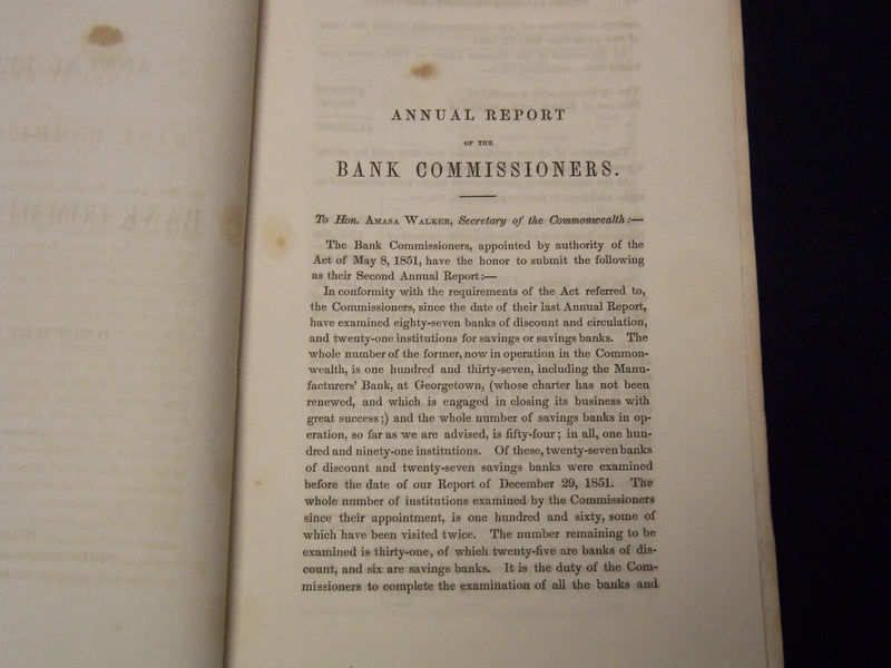 1852 DECEMBER MASSACHUSETTS BANK COMMISSIONERS ANNUAL REPORT - K 2048