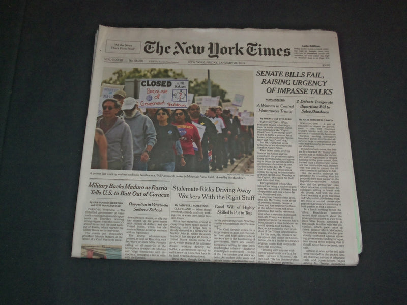 2019 JANUARY 25 NEW YORK TIMES-SENATE BILLS FAIL, RAISING URGENCY OF IMPASE TALK