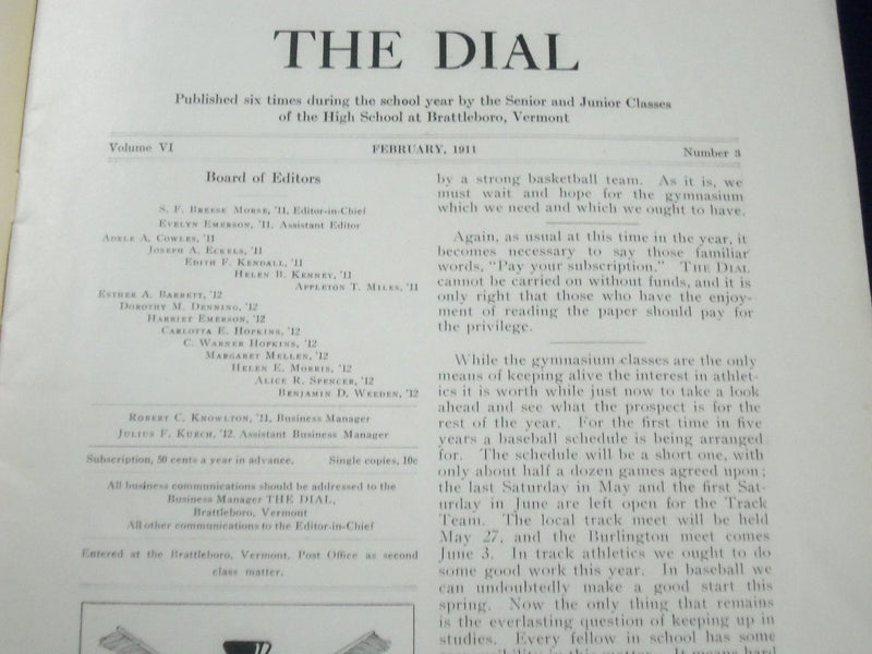 1911 THE DIAL BRATTLEBORO HIGH SCHOOL MAGAZINE LOT OF 6 - GREAT INFO. - O 2341