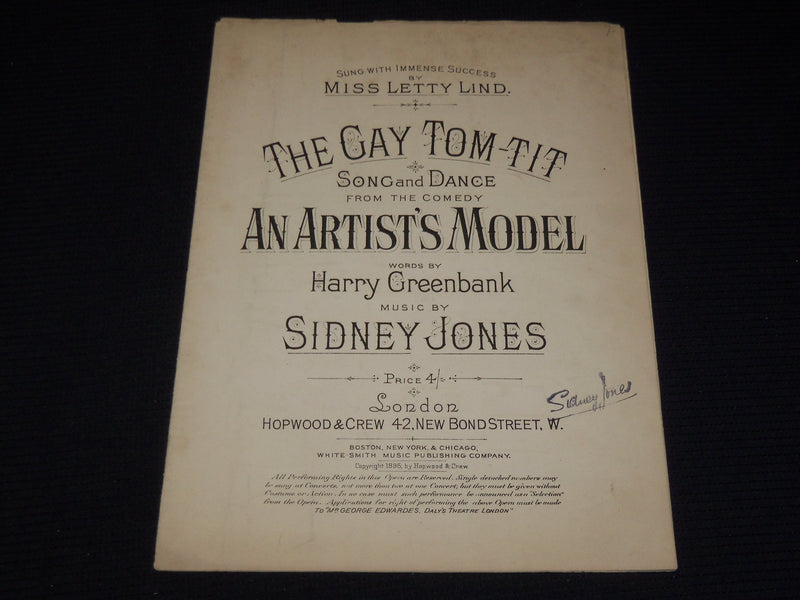 1895 THE GAY TOM-TIT SHEET MUSIC - MISS LETTY LIND - SIDNEY JONES - SP 887G