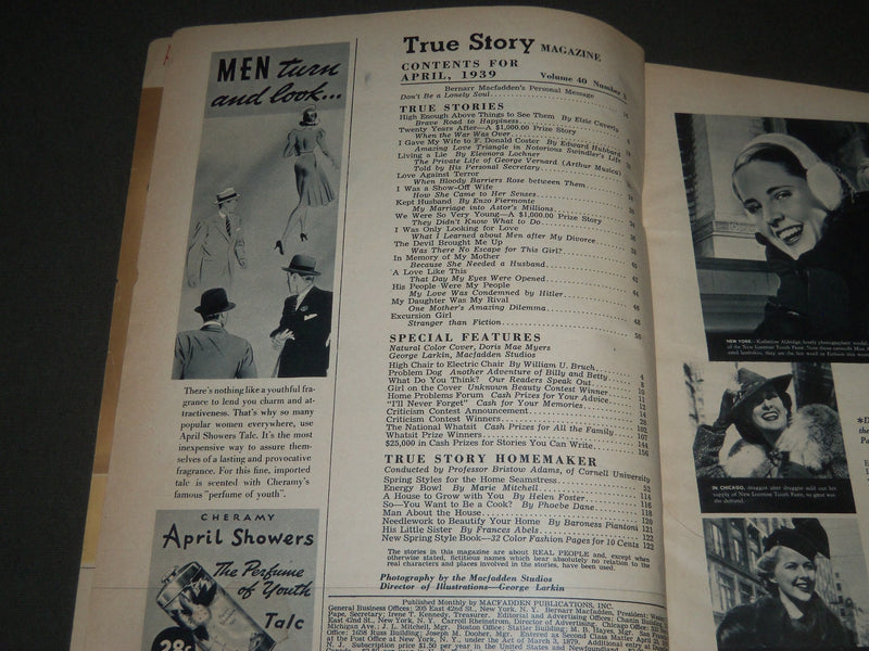 1939 APRIL TRUE STORY MAGAZINE - DORIS MAE MYERS FRONT COVER - ST 5339