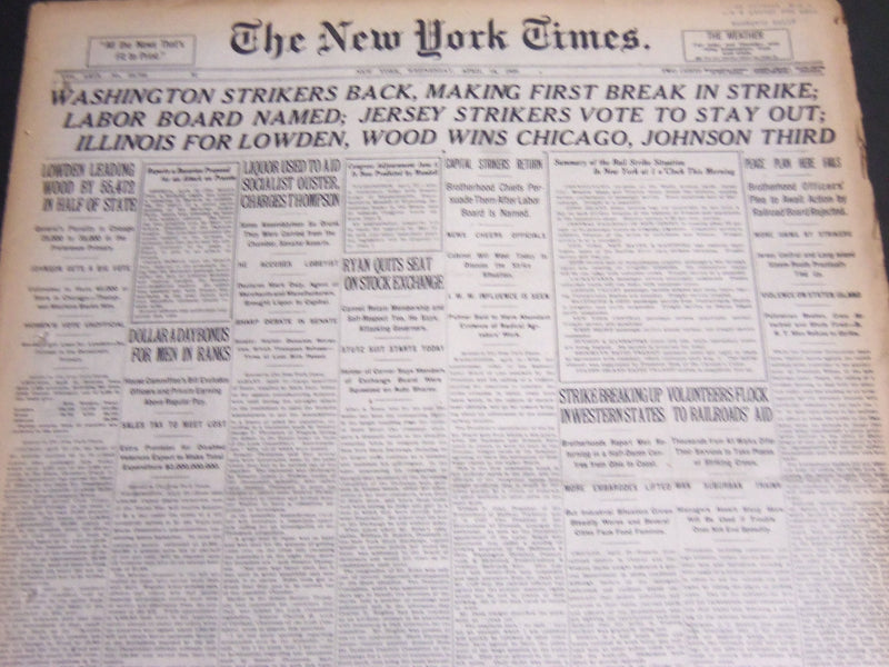 1920 APRIL 14 NEW YORK TIMES - ILLINOIS FOR LOWDEN WOOD WINS CHICAGO - NT 6797