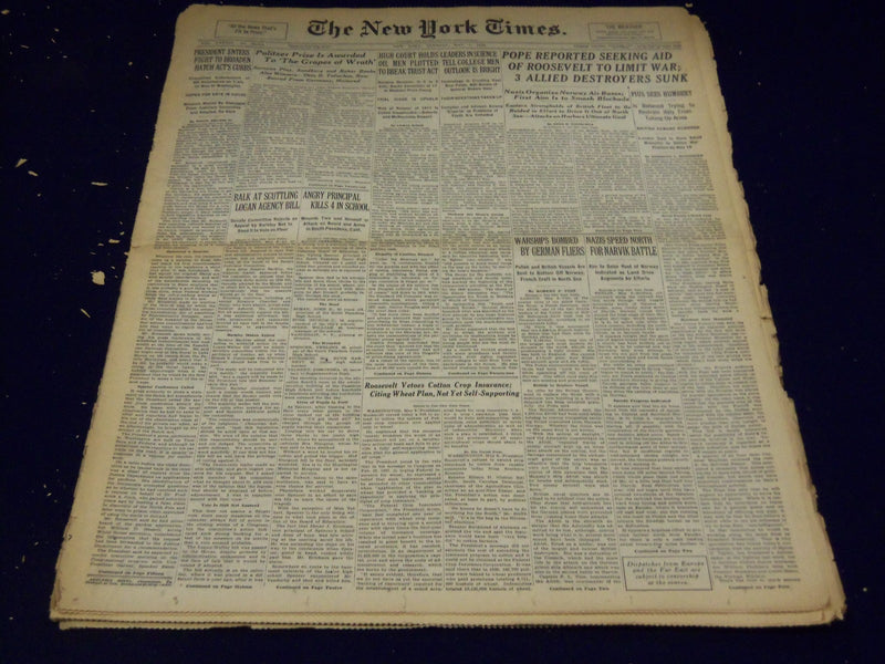 1940 MAY 7 NEW YORK TIMES - THE GRAPES OF WRATH PULITZER - NT 2891