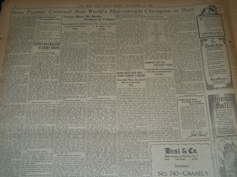 1926 SEPT 24 NEW YORK TIMES - TUNNEY WINS CHAMPIONSHIP BEATS DEMPSEY - NT 7563