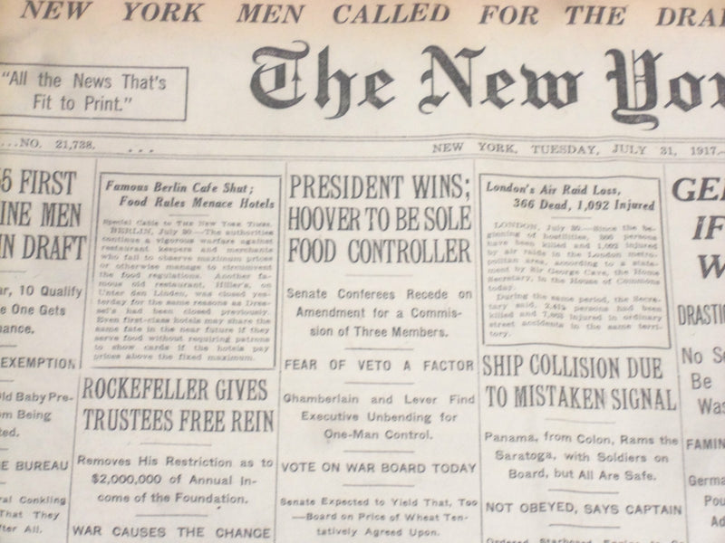 1917 JULY 31 NEW YORK TIMES - HOOVER TO BE SOLE FOOD CONTROLLER - NT 9309