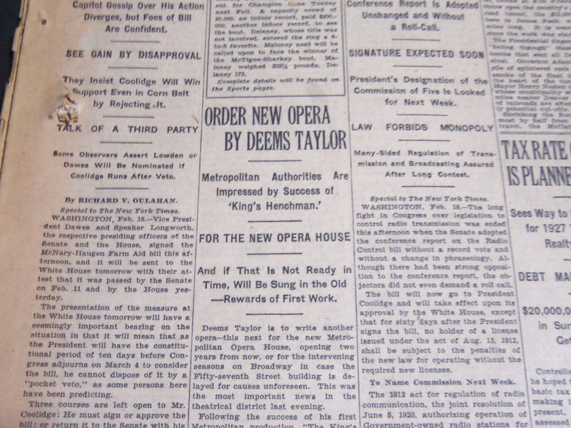 1927 FEBRUARY 19 NEW YORK TIMES - ORDER NEW OPERA BY DEEMS TAYLOR - NT 6801