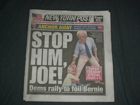 2020 MARCH 3 NEW YORK POST NEWSPAPER - BUTTIGIEG & KLOBUCHAR BACK JOE BIDEN