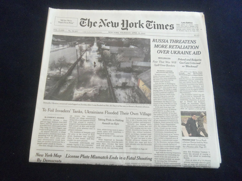 2022 APRIL 28 NEW YORK TIMES-RUSSIA THREATENS MORE RETALLIATION OVER UKRAINE AID