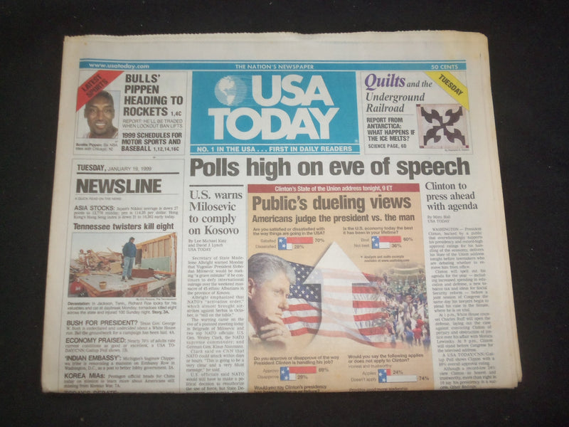1999 JANUARY 19 USA TODAY NEWSPAPER - POLLS HIGH ON EVE OF SPEECH - NP 7987