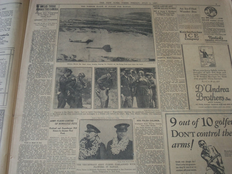 1927 JULY 1 NEW YORK TIMES - BYRD FLIES FOR HOURS IN FOG IN FRANCE - NT 7308