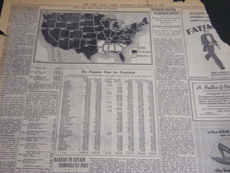 1928 NOVEMBER 8 NEW YORK TIMES - HOOVER WINS ALL BUT EIGHT STATES - NT 6930
