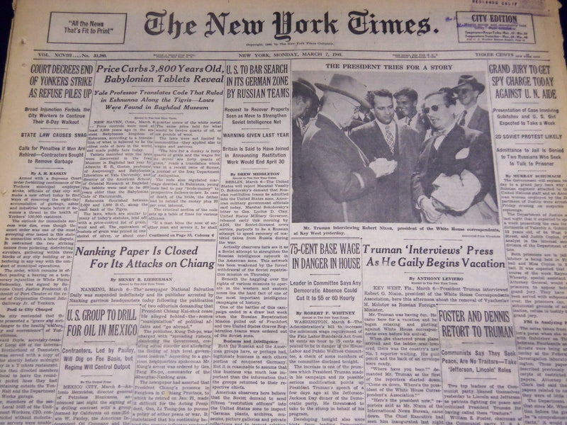 1949 MARCH 7 NEW YORK TIMES - 3,800 YEAR OLD BABYLONIAN TABLET - NT 3191